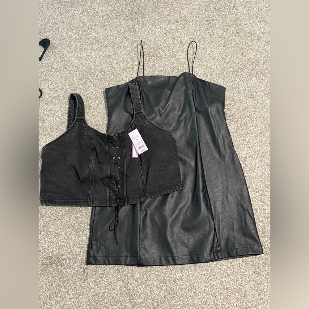 Black Faux Leather Dress and Corset Top Set